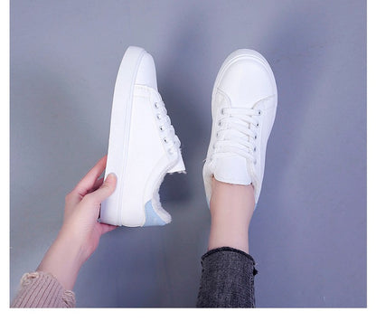 Tênis Feminino de Inverno, Quente, Pelúcia, Sola Vulcanizada, Plataforma, Algodão, Cadarço, Branco, Com Pelúcia, Casual