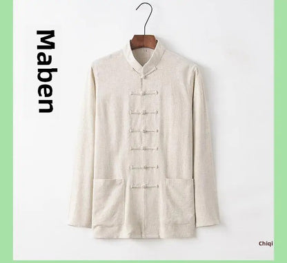 Spring Summer Long Sleeve Thin Men's Shirt Tang Suit Bamboo Cotton Linen Casual Vintage Chinese Style Kung Fu Tai Chi Tea Shirt