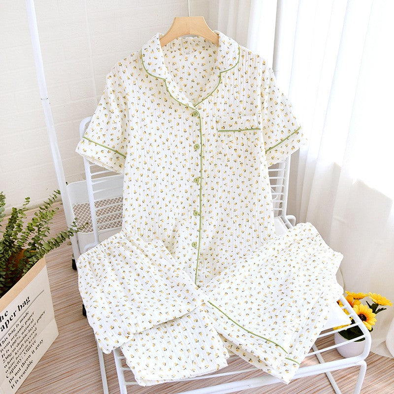 New summer women's cotton crepe three-piece short sleeve + shorts + trousers large size simple flower pajamas home service suit
