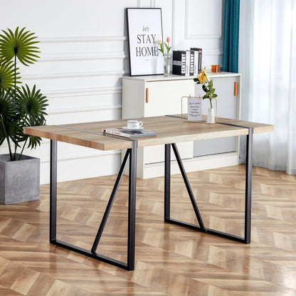 Industrial Style Rectangular MDF Top Dining Table, 55 for 4-6 People, Black Metal Legs