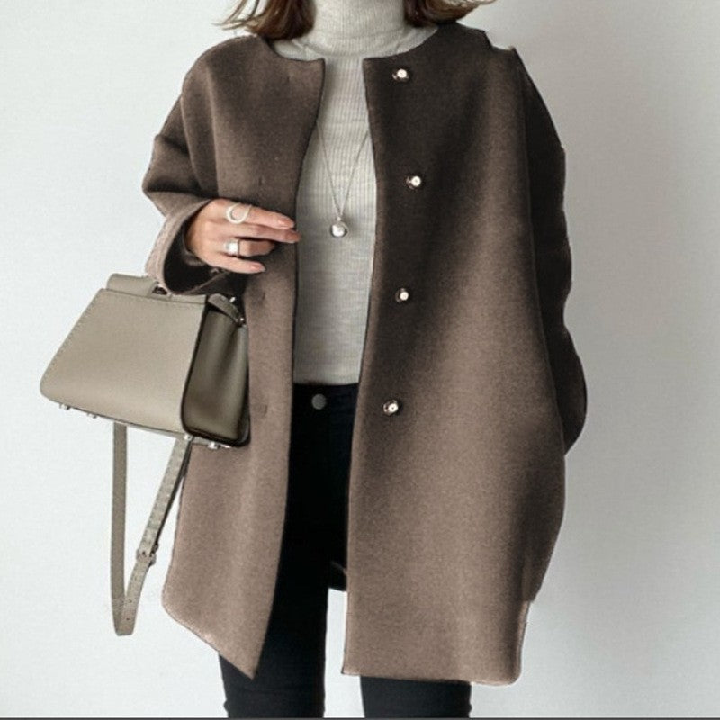 Women Round Collar Long Sleeve Double Breasted Button Woolen Blends Autumn Winter Thicken Loose Overcoats JYFS-1222