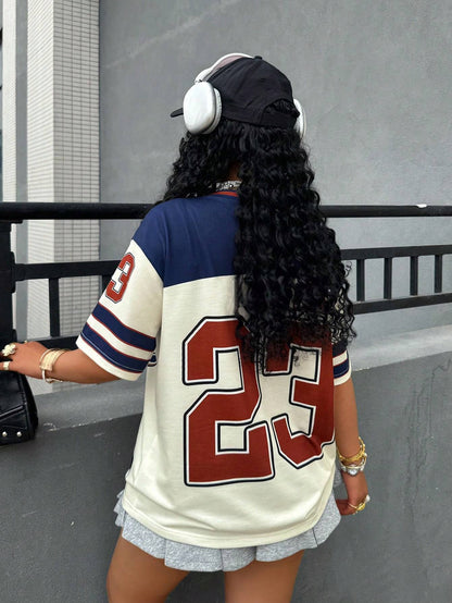 California 23 Printed Letter Jersey Women'S T-Shirt V-Neck Loose Short Sleeved Personalized Fashionable Casual Half Sleeved Top