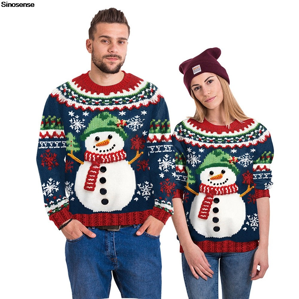 Men Women Tacky Xmas Sweatshirt 3D Christmas Snowflakes Print Holiday Party Jumpers Tops Pullover Snowman Ugly Christmas Sweater