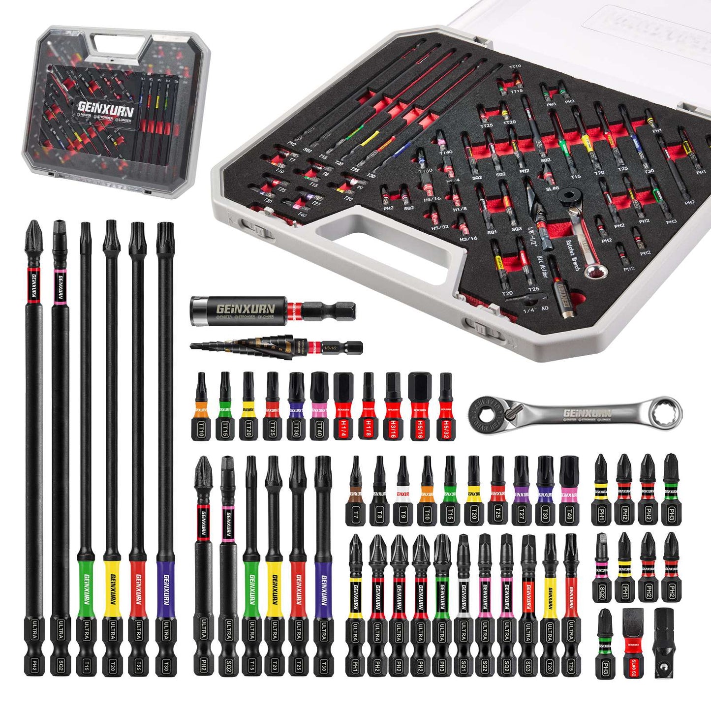 Geinxurn 58 Peças Jogo de Ferramentas Embalado com Pontas de Chave de Impacto, Mini Chave, Broca Escalonada, Adaptador de Soquete e Porta-Bits para Faça Você Mesmo