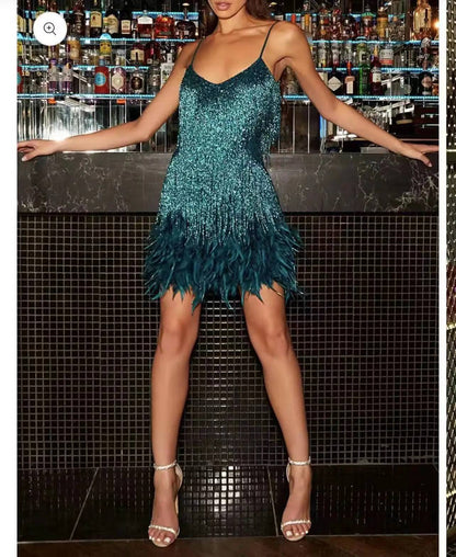 2024 Summer New Fashionable Framed Sequins Feather Patchwork Dress Colorful Amazon Direct Sales Women's Sleeveless Dress