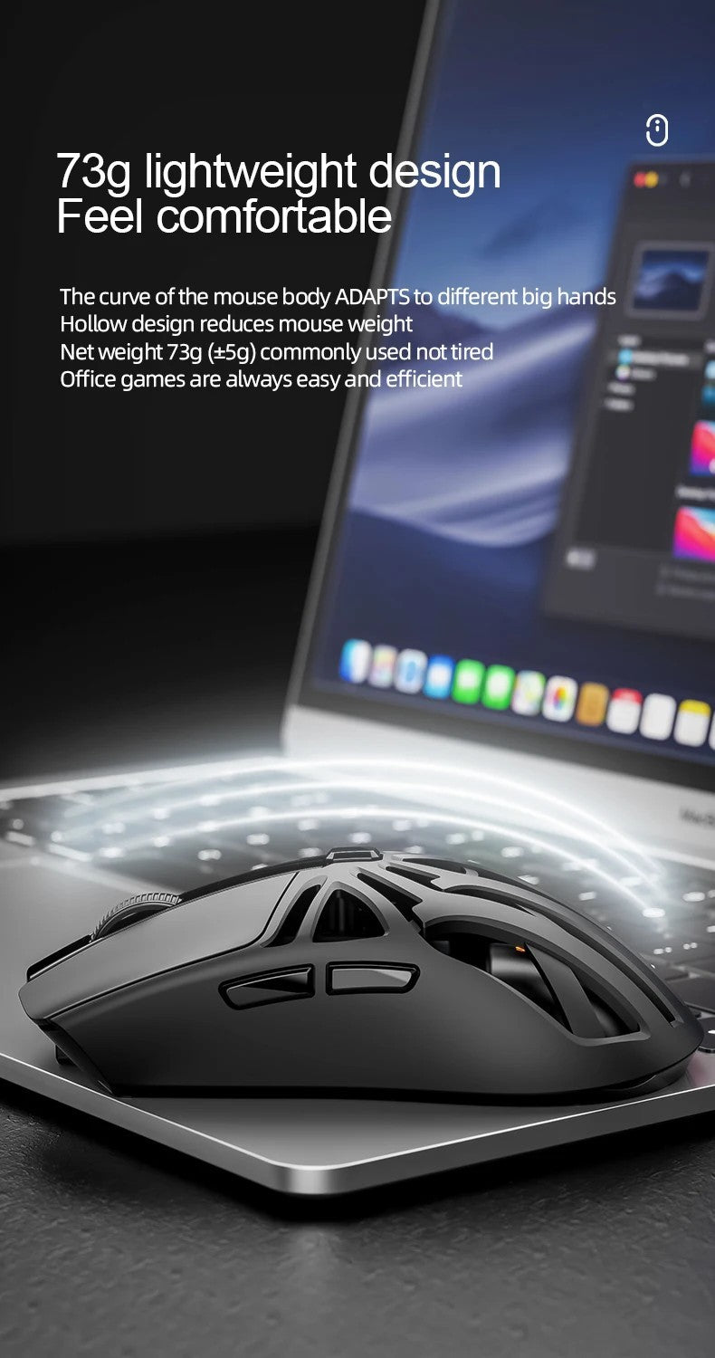 Mouse Gamer Sem Fio Ergonômico SmailWolf RS8, Tri-Modo com Design Oco Ultraleve, 1000Hz e Bateria de Longa Duração