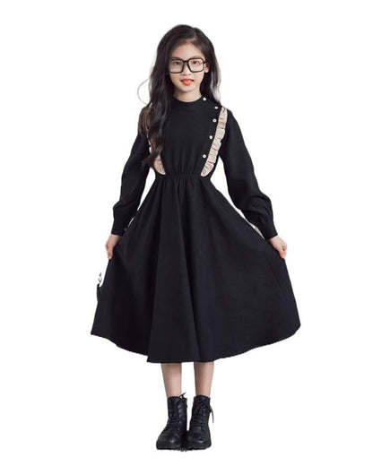 Girls' Dress New Style For  Children Stand Collar Waist-Cinching Slimming Mid-Length Dress Long Sleeve For Kids 5-12Y