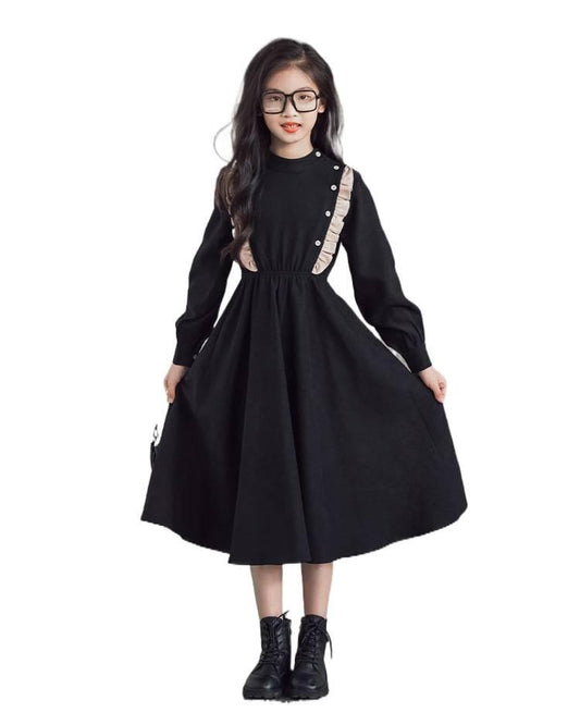 Girls' Dress New Style For  Children Stand Collar Waist-Cinching Slimming Mid-Length Dress Long Sleeve For Kids 5-12Y
