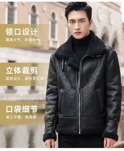 Lamb Cashmere PU Leather Jacket Mens Plus Velvet Men Winter Warm Motorcycle Thickened Leather Coat Man Fleece PU Leather Coats