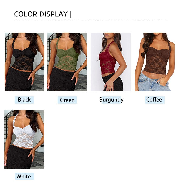 2025 Spring and Summer New Women's Y2K Style Sleeveless Sexy Slim Lace T-shirt Lace Tie Solid Color Vest Top