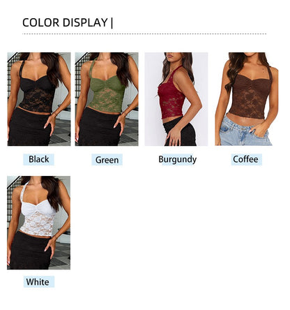 2025 Spring and Summer New Women's Y2K Style Sleeveless Sexy Slim Lace T-shirt Lace Tie Solid Color Vest Top