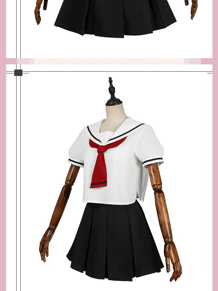 Women Spring Summer Sailor JK Uniform Full Set, Japanese Academy Outfit with Top Pleated Skirt Hat Bow Tie Socks