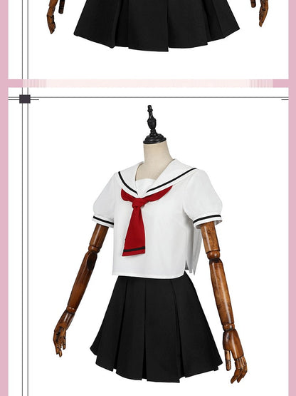 Women Spring Summer Sailor JK Uniform Full Set, Japanese Academy Outfit with Top Pleated Skirt Hat Bow Tie Socks