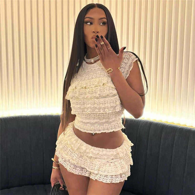 2025 New Fashion Sweet Temperament Solid Color Lace Spice Girl Pleated Low Waist Navel Shorts Femininity Sexy