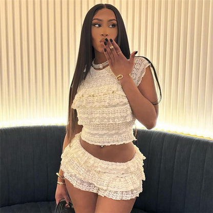 2025 New Fashion Sweet Temperament Solid Color Lace Spice Girl Pleated Low Waist Navel Shorts Femininity Sexy