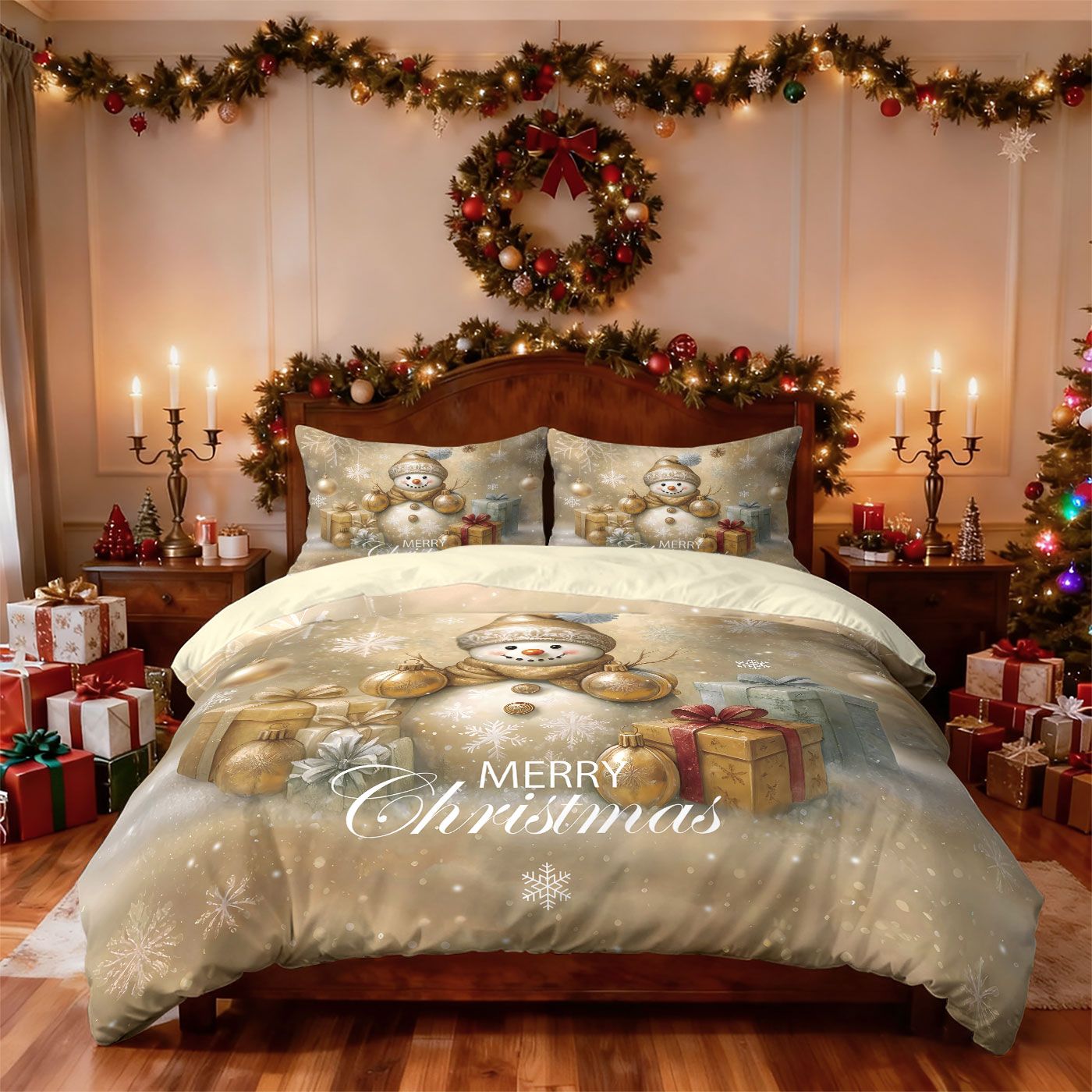 3pcs Golden Christmas Snowman Printed Chipless Bedding Set Soft Dormitory Bedroom Multiple Sizes Machine Washable