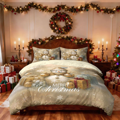 3pcs Golden Christmas Snowman Printed Chipless Bedding Set Soft Dormitory Bedroom Multiple Sizes Machine Washable