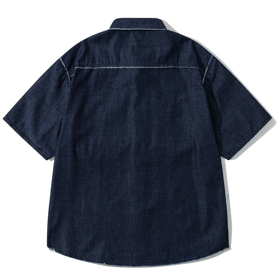 Vintage Raw Edge Denim Shirts Mens Streetwear Harajuku Short Sleeve Shirt Men Loose Casual Cargo Blouse Japan Style Tops Male
