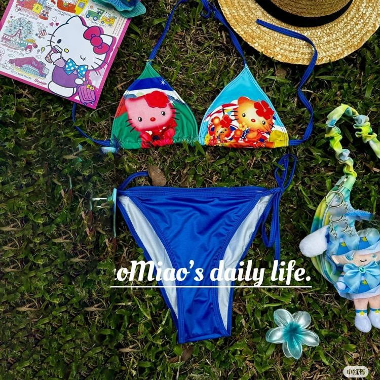 2Pcs Sexy Hot Girls Bikini Swimsuit Suit Y2K Hello Kitty Sanrios Anime Women Kitty Strap Underwear Bra Panties Beach Seaside Spa