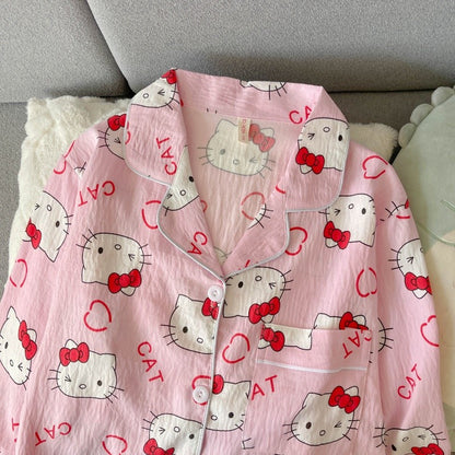 Cartoon Hello Kitty Pajamas Set Women's Autumn Winter Long Sleeve Loungewear Pink Cute Sleepwear Kawaii Soft Homewear Outfit