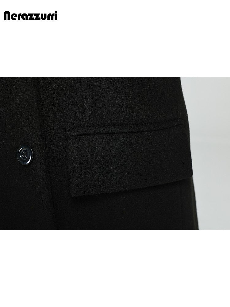 Nerazzurri Autumn Winter Long Elegant Luxury Chic Navy Blue Warm Woolen Coat for Men Double Breasted Wool & blends Overcoat 2023