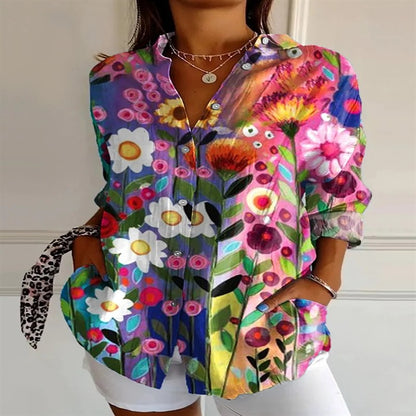2025 New Retro Floral Art Print Casual Linen Shirt Fashionable Pretty Shirt Fast Shipping