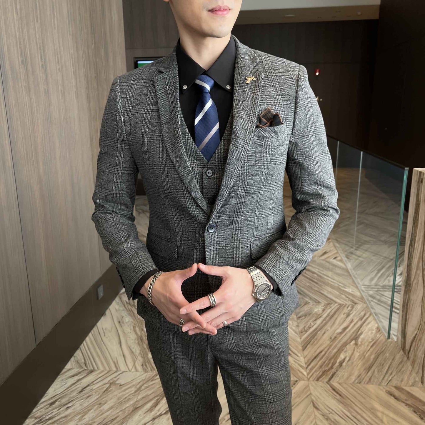 British Korean Style High Quality Modified Plaid Three-Piece Suit for Men - Stylish Business Casual Suit Vest And Trousers Set
