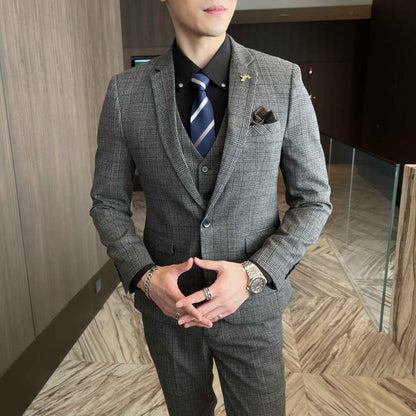 British Korean Style High Quality Modified Plaid Three-Piece Suit for Men - Stylish Business Casual Suit Vest And Trousers Set