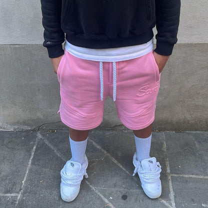 Y2K Harajuku Solid Shorts Man Letter Embossed Pink Sweatpants Hip Hop Retro Casual Stylish Comfortable Shorts Unisex Baggy Pants