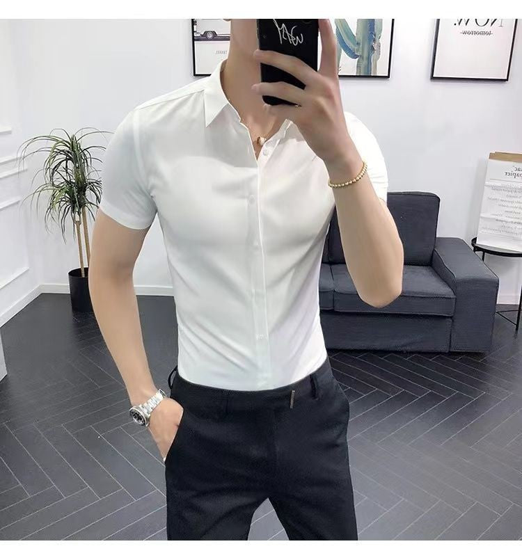 Korean Fashion Trend Casual Elastic Design Sense Short Sleeve Shirt Men's Solid Lapel Collar Button Breathable Simple Slim Tops