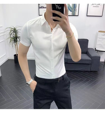 Korean Fashion Trend Casual Elastic Design Sense Short Sleeve Shirt Men's Solid Lapel Collar Button Breathable Simple Slim Tops