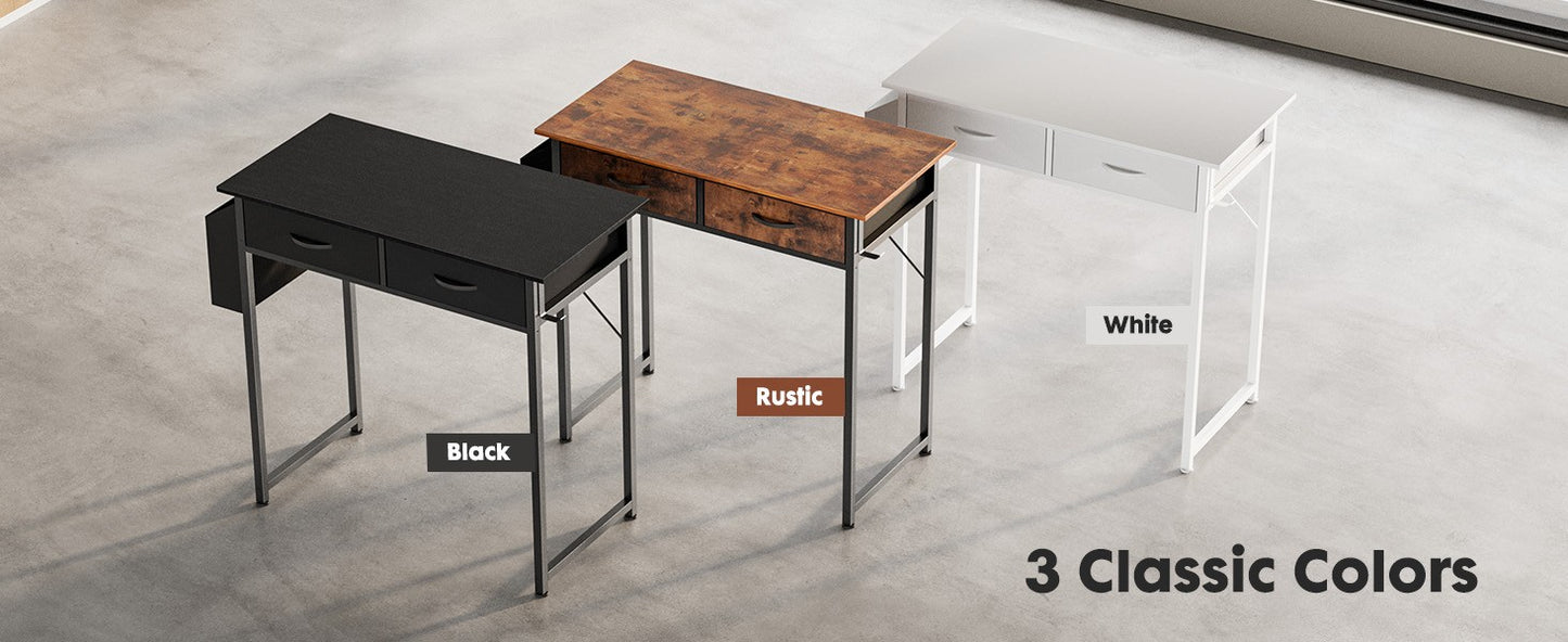 Mesa de computador moderna para escritório JHK 32 polegadas com gavetas de armazenamento de tecido, bolsa lateral, estrutura de metal e pés ajustáveis para mesa de PC doméstica