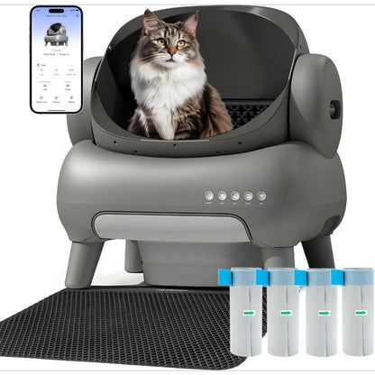 Caixa de Areia Aberta com Autolimpeza e Controle por APP | Ideal para Amantes de Gatos | Inclui 4 Rolos (60 unidades) de Sacos de Lixo de Refil