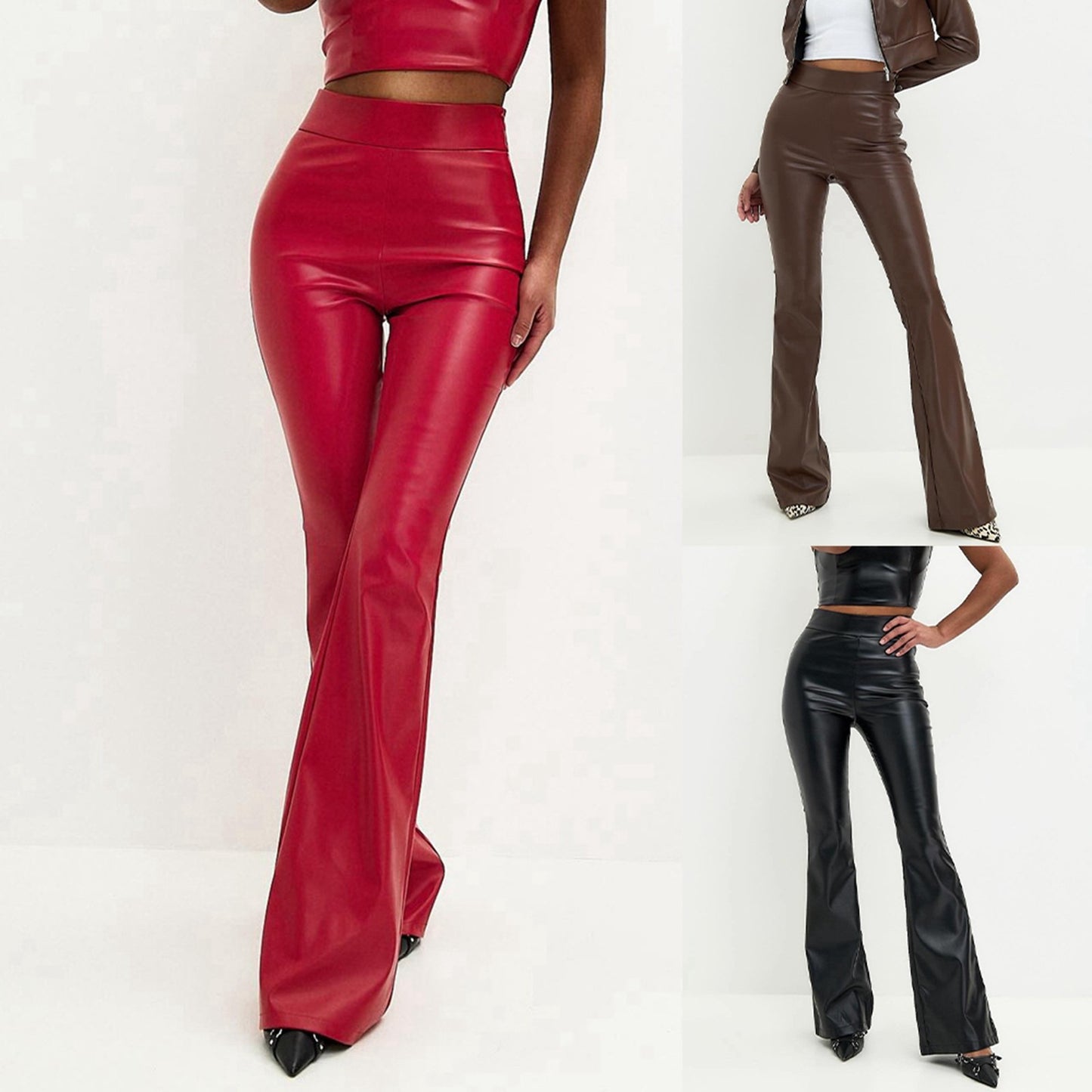 Women's High Waist Faux Leather Pants Solid Color PU Shiny Flared Trousers Slim Fit Bell Bottoms Sexy Pant for Women