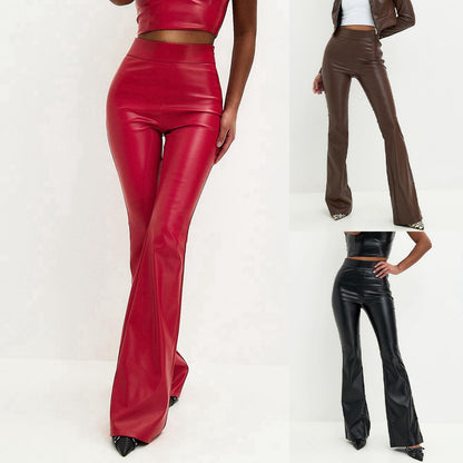 Women's High Waist Faux Leather Pants Solid Color PU Shiny Flared Trousers Slim Fit Bell Bottoms Sexy Pant for Women