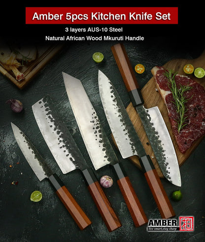 Amber 1-5pcs Kitchen Knives Set 3 Layers AUS-10 Steel Chef Knife Professional Japanese Knife Cooking African Mkuruti Handle