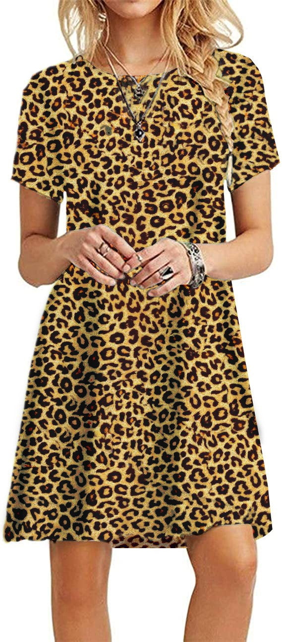 Women Casual Short Sleeve T Shirt Dress Vintage O Neck Print Loose Mini Dress Elegant Simple Mini Dress Streetwear Sundress