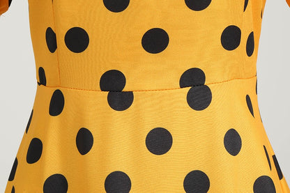Elegant Women Summer Dress Puff Short Sleeve Polka Dot Peter pan Collar Vintage A-line Midi Long Party Sundress