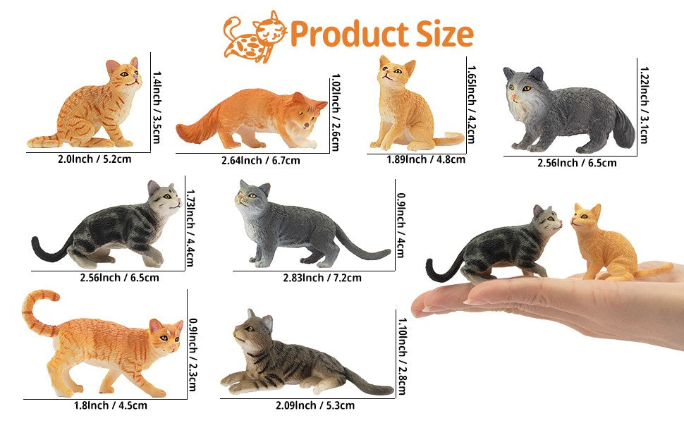 Toymany 8Pcs Grey & Orange Cat Figures, Simulation Pet Animal Model Toys for Kids Children Gift Set, Mini Collectible