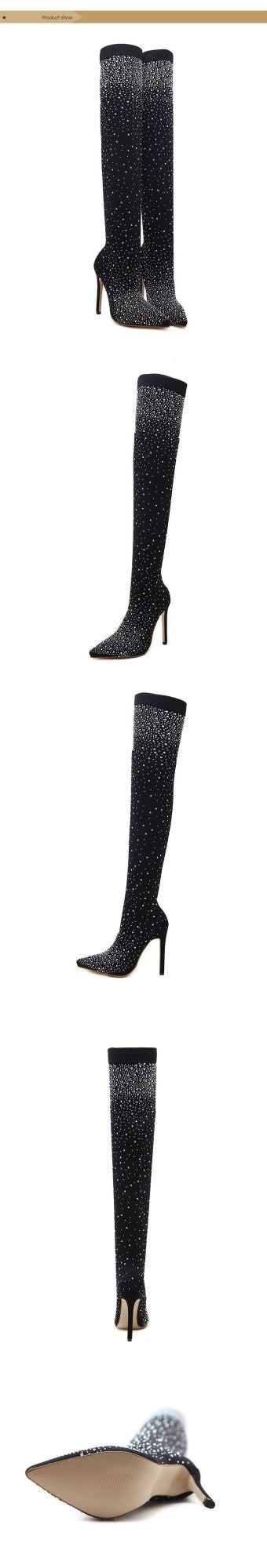 Aneikeh Sexy High Heels Sock Over-the-Knee Boots Pointed Toe Design Crystal Rhinestone Stretch Fabric Pole Dancing Women Shoes