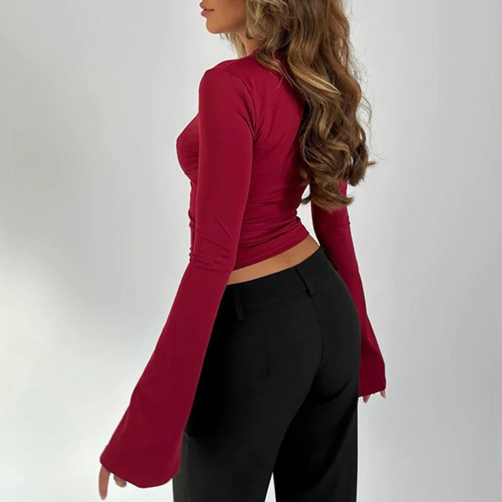 Women's Blouses Sexy Lace Deep V Neck Long Bell Sleeves Top Slim Fit Low Cut Sheer Mesh Shirt For Spring Fall Women's Clothing