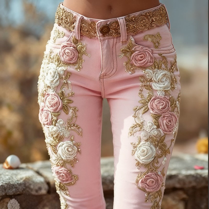 Romantic Pink Rose Flower Print Jeans Vintage Elegant Buttoned Women's Pants Autumn High Waist Slim Chic Trousers Harajuku Mujer