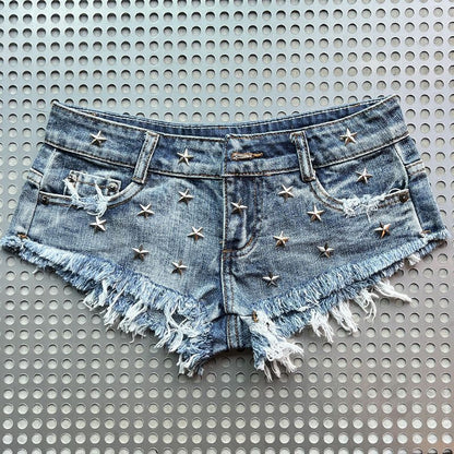 Slimming Skinny Denim Hot Pants - Vintage Wash Ultra Low-Rise Distressed Y2K Sexy Shorts for Baddie Street Style
