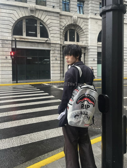 Fashion Shark Letter Transparent Backpack Men Sport Waterproof PVC Clear Plastic Schoolbag Casual Street Large Capacity Rucksack