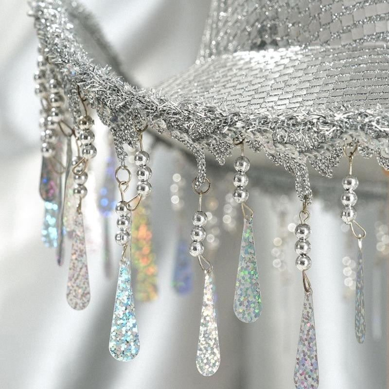 L5YA Chapéu de Panamá Chamativo com Tachas e Espelhos para Festa Feminina Chapéu de Fantasia de Halloween com Borlas de Gotas de Chuva Decorativas
