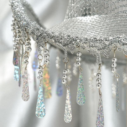 L5YA Chapéu de Panamá Chamativo com Tachas e Espelhos para Festa Feminina Chapéu de Fantasia de Halloween com Borlas de Gotas de Chuva Decorativas