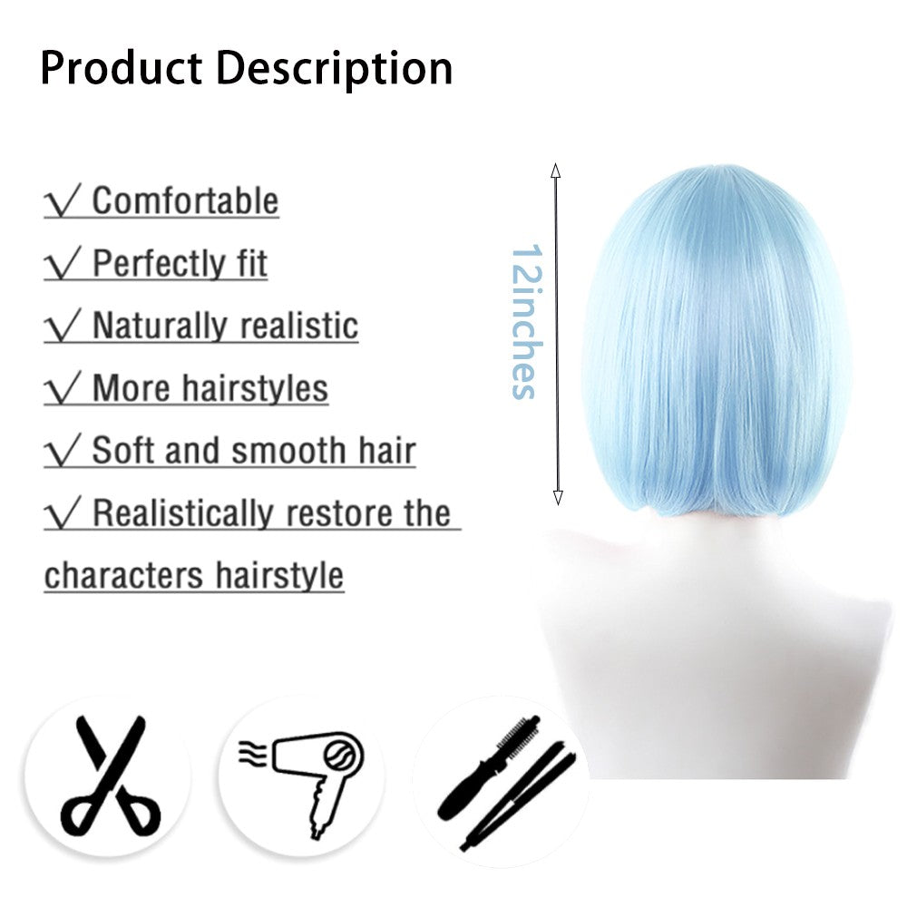 High-Quality Anime Ram Rem Cosplay Synthetic Hair 12-Inch Blue And Pink Short Halloween Daily Party Heat-Resistant Wig Natural