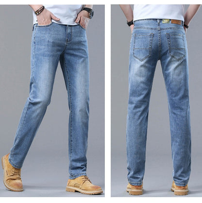 Calça Jeans Masculina Slim Fit 2024 de Material Fino ou Grosso Luxo Estilo Clássico Negócios Jeans Elástico Calças Masculinas Roupas