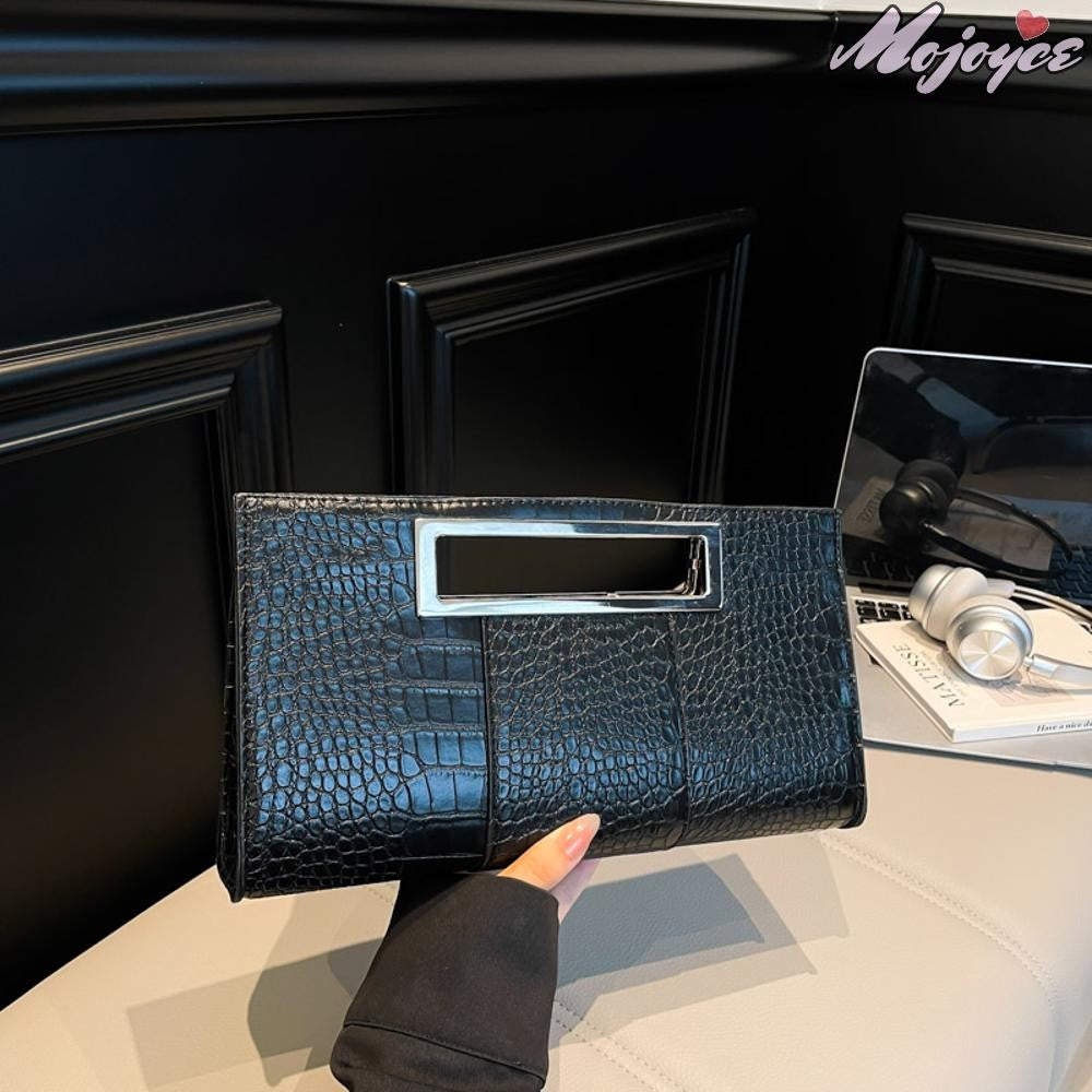 Women Crocodile Pattern PU Leather Clutch Purse Metal Grip Handle Tote Handbag Trendy Evening Bags Chic Black Envelope Party Bag
