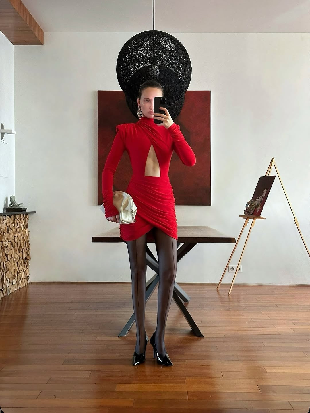 Sexy Hollow-out Pleated Mini Dress Women Fashion Solid Half High Collar Long Sleeve Slim Dresses 2025 Lady Party Club Robes